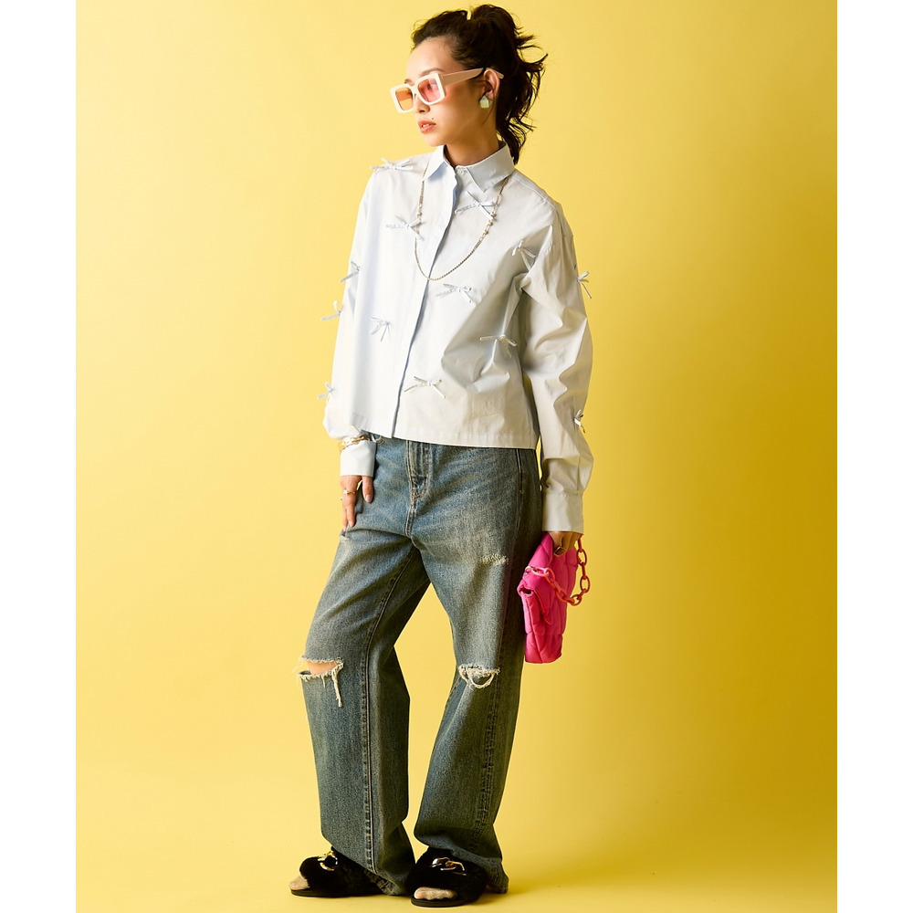 綿100%リボン付ショートシャツ 大きいサイズ GEVS.3