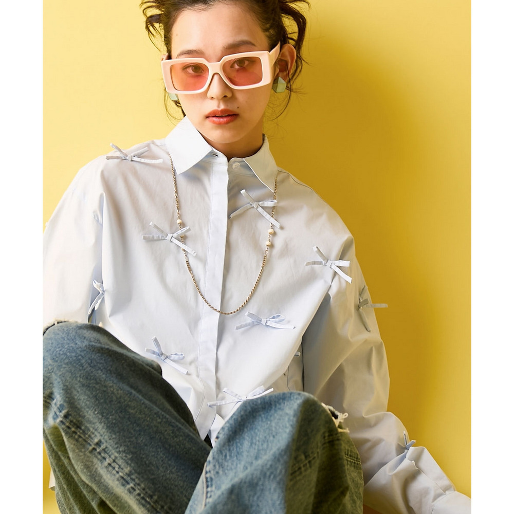 綿100%リボン付ショートシャツ 大きいサイズ GEVS.1