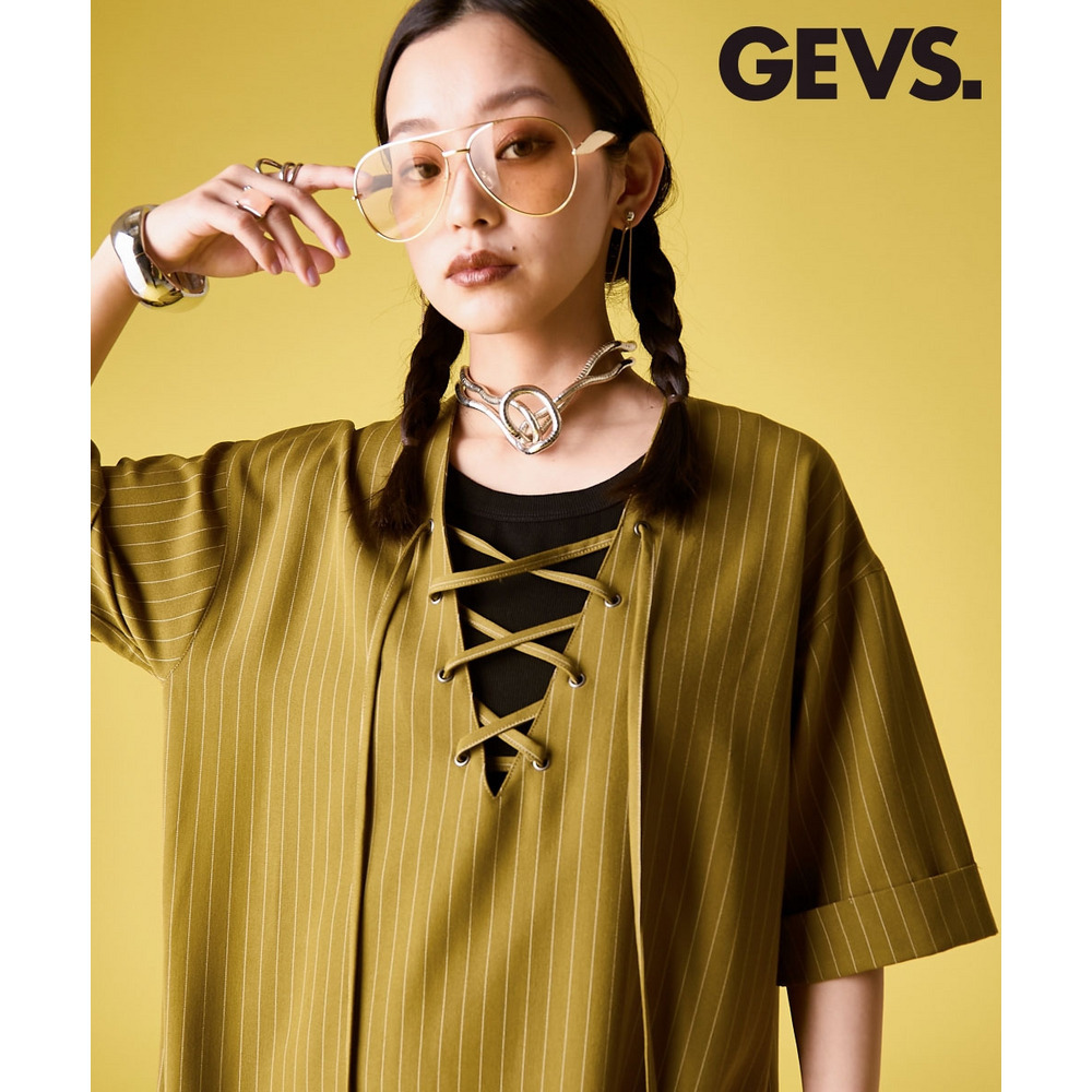 ストライプレースアップロングワンピース 大きいサイズ　GEVS.