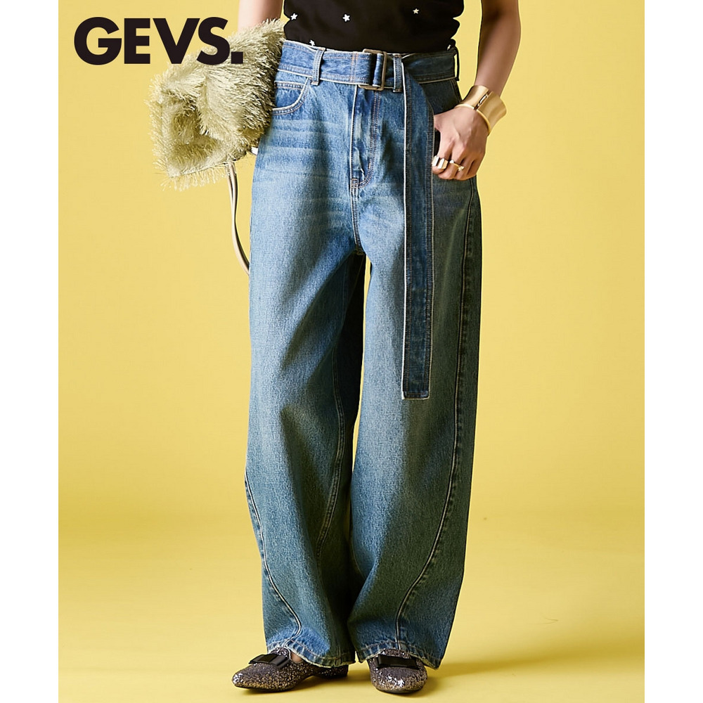 綿100％バレルレッグデニムパンツ(共布ベルト付) 大きいサイズ　GEVS.