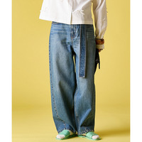 綿100％バレルレッグデニムパンツ(共布ベルト付) 大きいサイズ　GEVS.