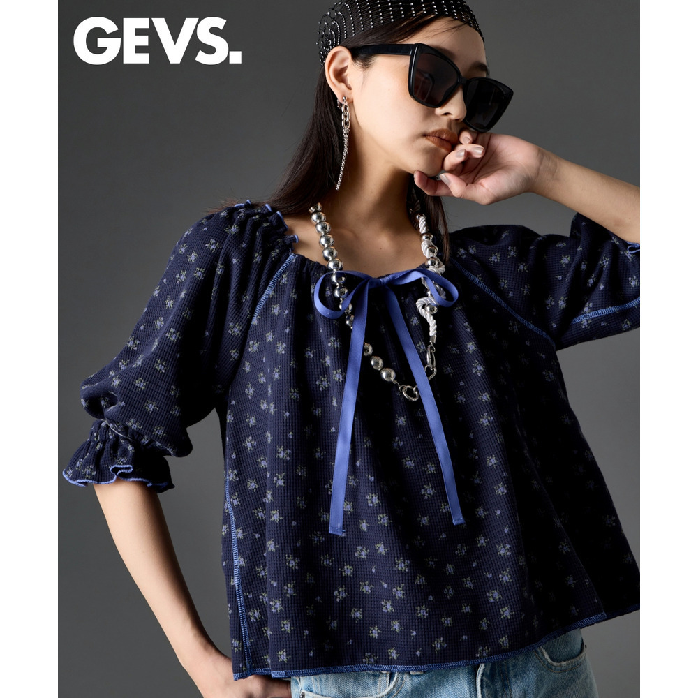 ワッフル花柄プリントパフスリーブカットソー 大きいサイズ　GEVS.