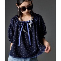 ワッフル花柄プリントパフスリーブカットソー 大きいサイズ　GEVS.