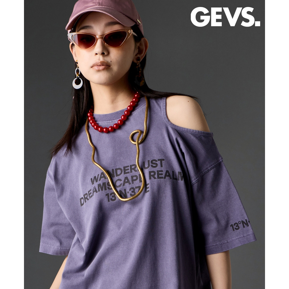 綿100％ピグメント染ショルダーカットロゴプリントTシャツ 大きいサイズ　GEVS.