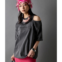 綿100％ピグメント染ショルダーカットロゴプリントTシャツ 大きいサイズ　GEVS.