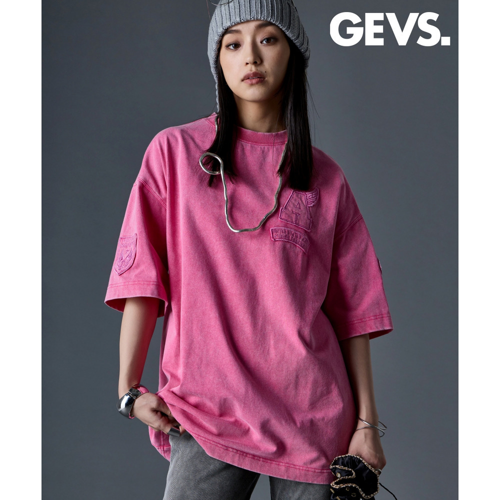 綿100％ヴィンテージ加工ワッペン付カラーTシャツ　大きいサイズ　GEVS.