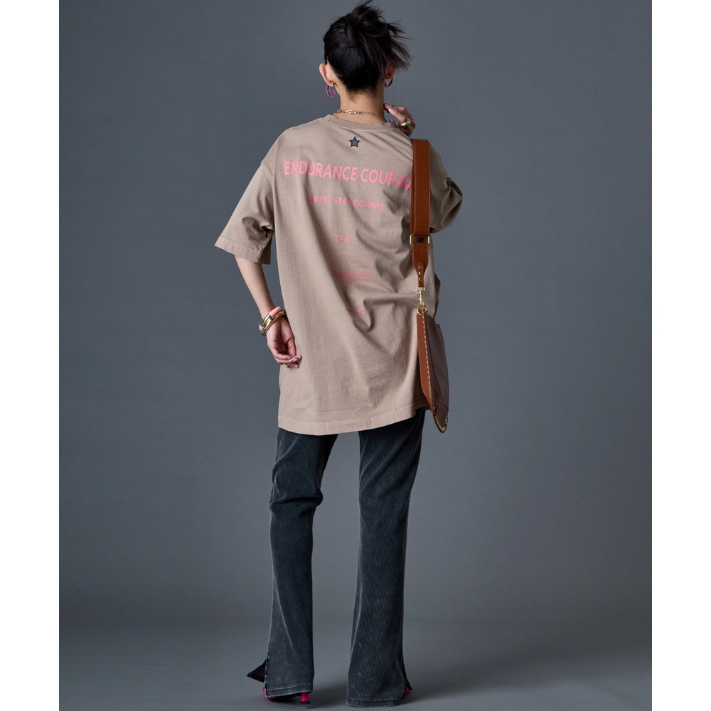 綿100%ピグメント染ロゴプリントチュニックTシャツ 大きいサイズ GEVS.10