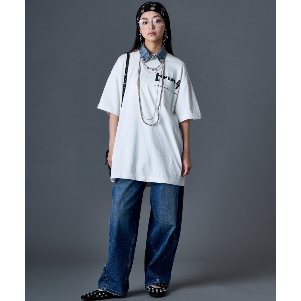 綿100%ピグメント染ロゴプリントチュニックTシャツ 大きいサイズ GEVS.11