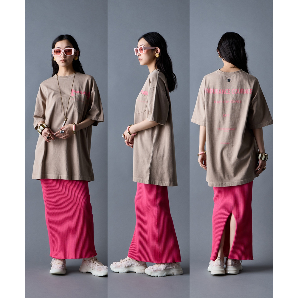 綿100%ピグメント染ロゴプリントチュニックTシャツ 大きいサイズ GEVS.15