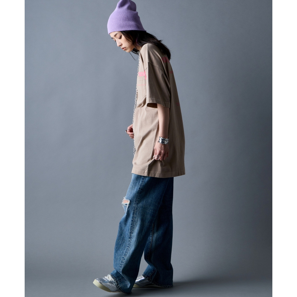 綿100%ピグメント染ロゴプリントチュニックTシャツ 大きいサイズ GEVS.21