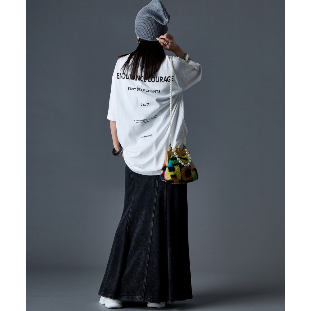 綿100%ピグメント染ロゴプリントチュニックTシャツ 大きいサイズ GEVS.23