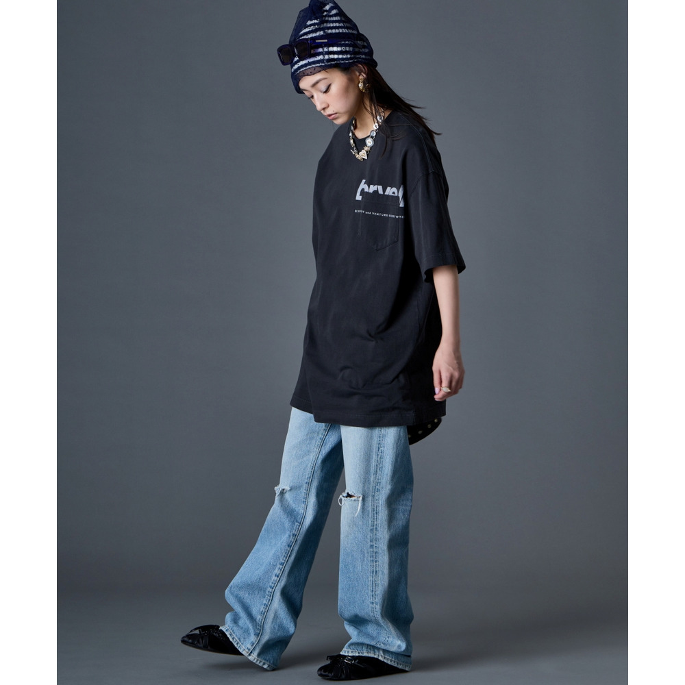 綿100%ピグメント染ロゴプリントチュニックTシャツ 大きいサイズ GEVS.28