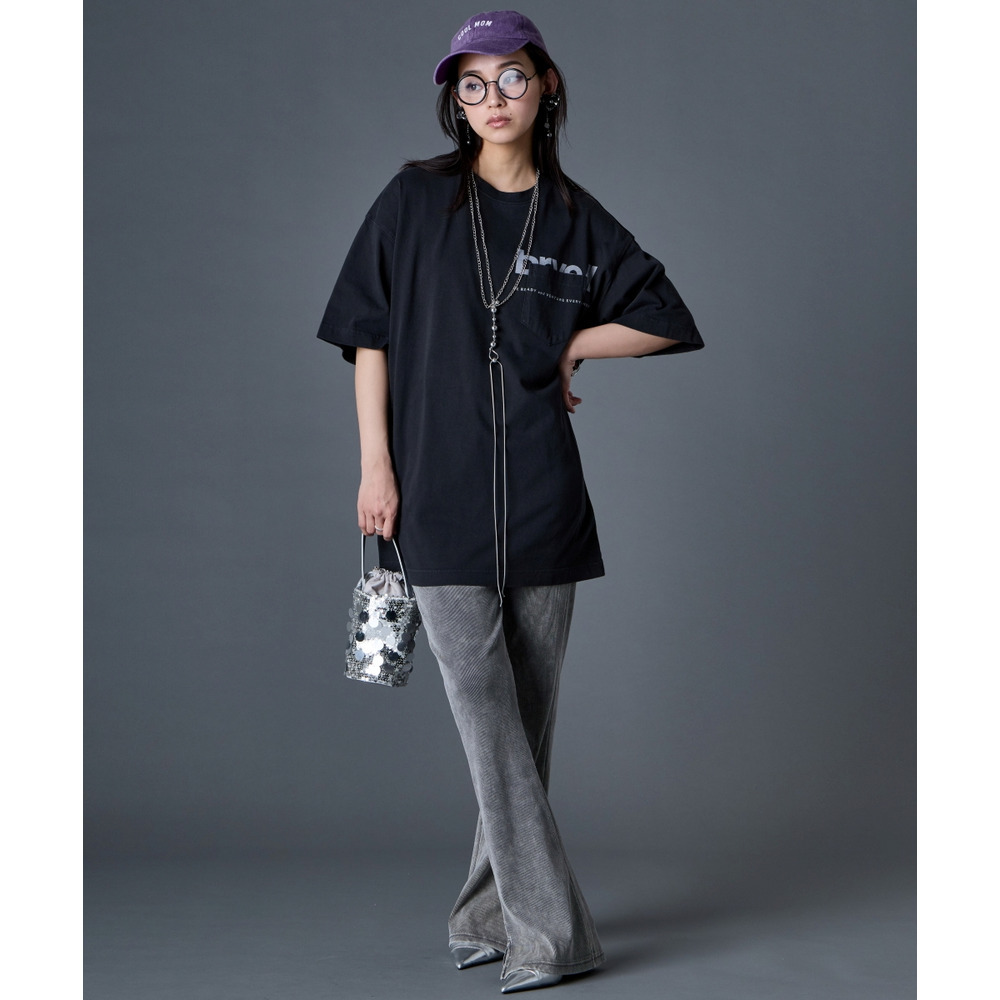綿100%ピグメント染ロゴプリントチュニックTシャツ 大きいサイズ GEVS.9