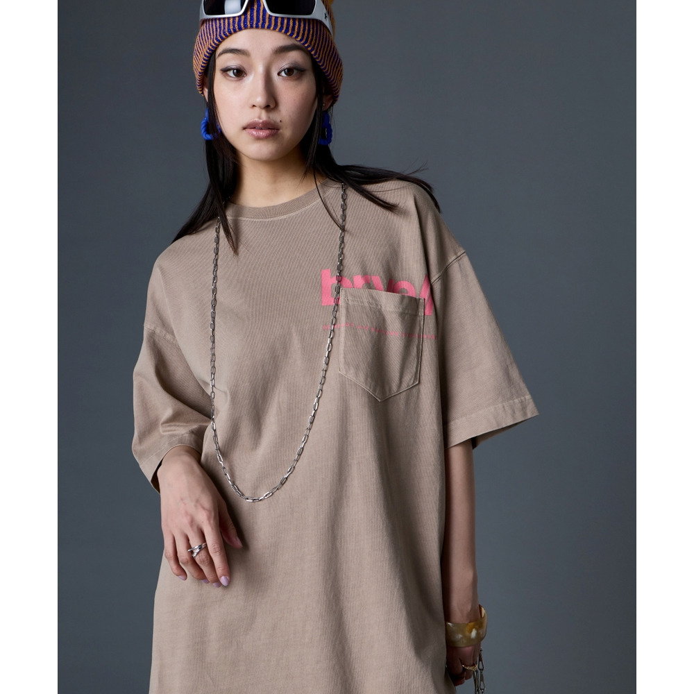 綿100%ピグメント染ロゴプリントチュニックTシャツ 大きいサイズ GEVS.1