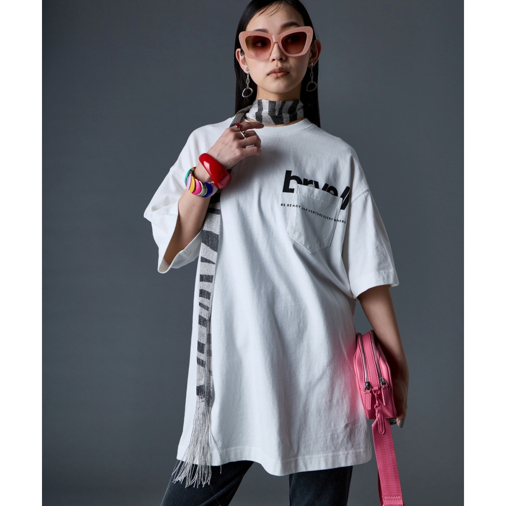 綿100%ピグメント染ロゴプリントチュニックTシャツ 大きいサイズ GEVS.1