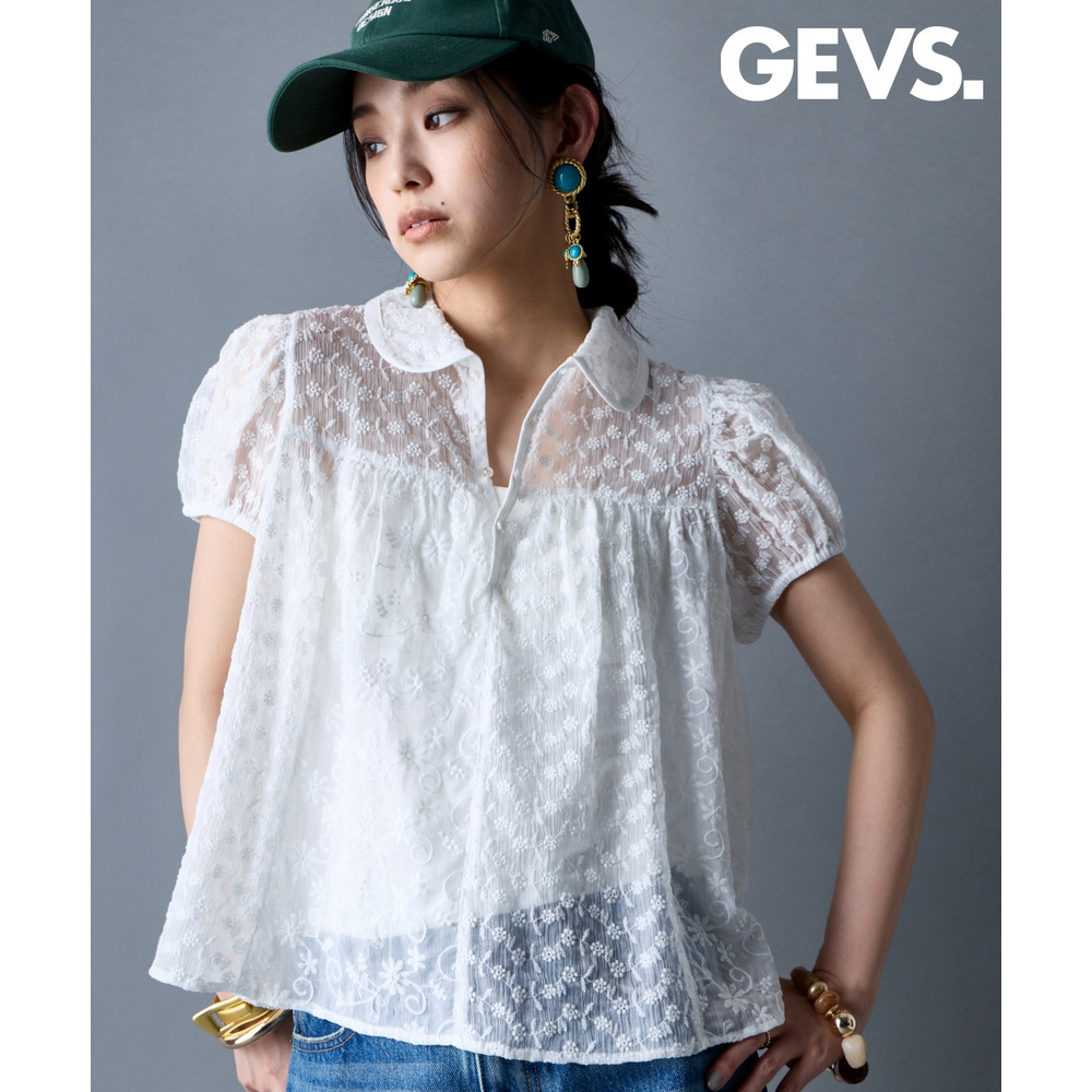 パッチワーク刺しゅうレースパフスリーブブラウス　大きいサイズ　GEVS.