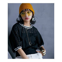 ラインリブ襟レースＴシャツ　大きいサイズ　GEVS