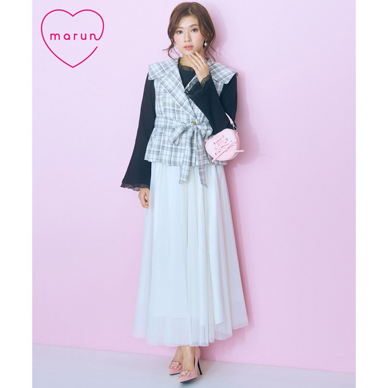 2点セット(チェックジャケット+チュールスカート) 大きいサイズ marun【アリノマ/Alinoma】 2点セット(チェックジャケット+チュールスカート) 大きいサイズ marun【アリノマ/Alinoma】