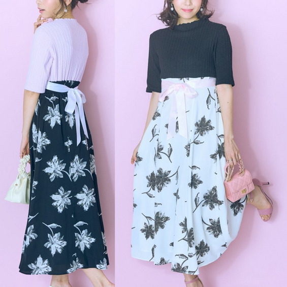 五分袖ドッキング花柄ワンピース 大きいサイズ marun【アリノマ/Alinoma】 五分袖ドッキング花柄ワンピース 大きいサイズ marun【アリノマ/Alinoma】