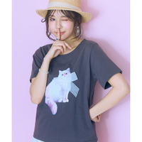 綿100%キャットプリントリボン付Tシャツ 　大きいサイズ　marun
