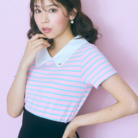 衿元刺しゅうシャツボーダートップス　大きいサイズ　marun