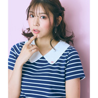 衿元刺しゅうシャツボーダートップス　大きいサイズ　marun