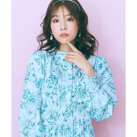 フラワープリントプリーツデザイン長袖ワンピース marun 大きいサイズ