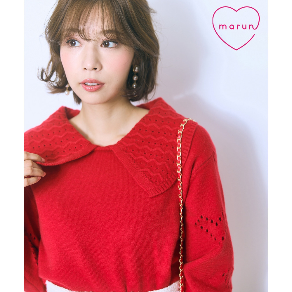 袖ハート柄編ビッグカラーニットトップス 大きいサイズ marun1