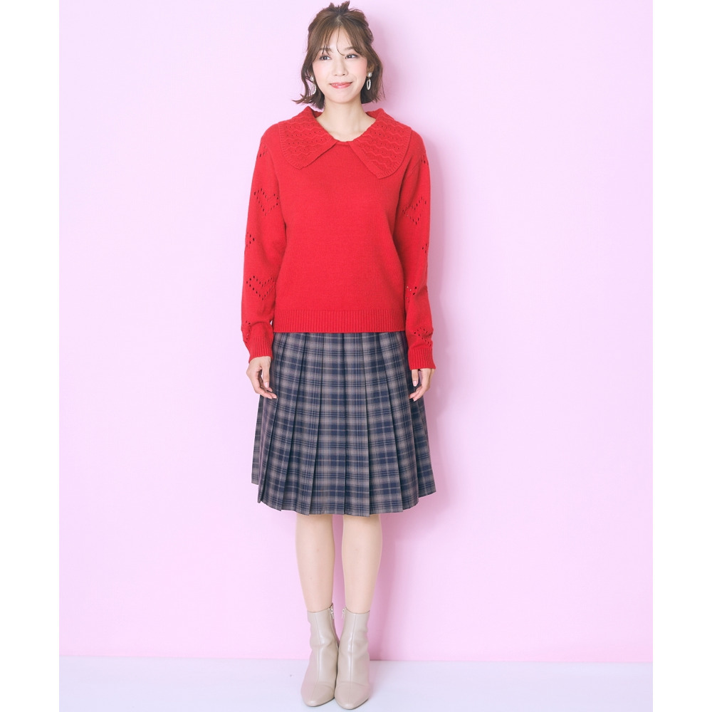 袖ハート柄編ビッグカラーニットトップス 大きいサイズ marun14