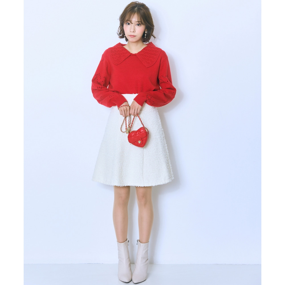 袖ハート柄編ビッグカラーニットトップス 大きいサイズ marun17