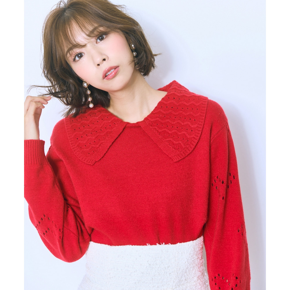袖ハート柄編ビッグカラーニットトップス 大きいサイズ marun18