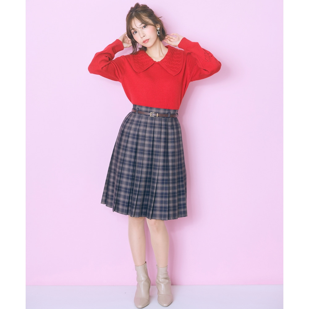 袖ハート柄編ビッグカラーニットトップス 大きいサイズ marun21