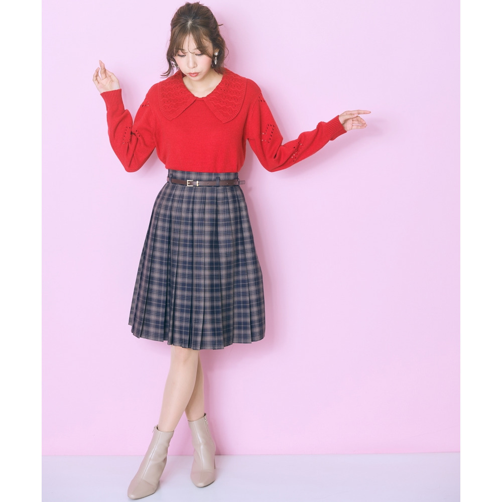 袖ハート柄編ビッグカラーニットトップス 大きいサイズ marun22