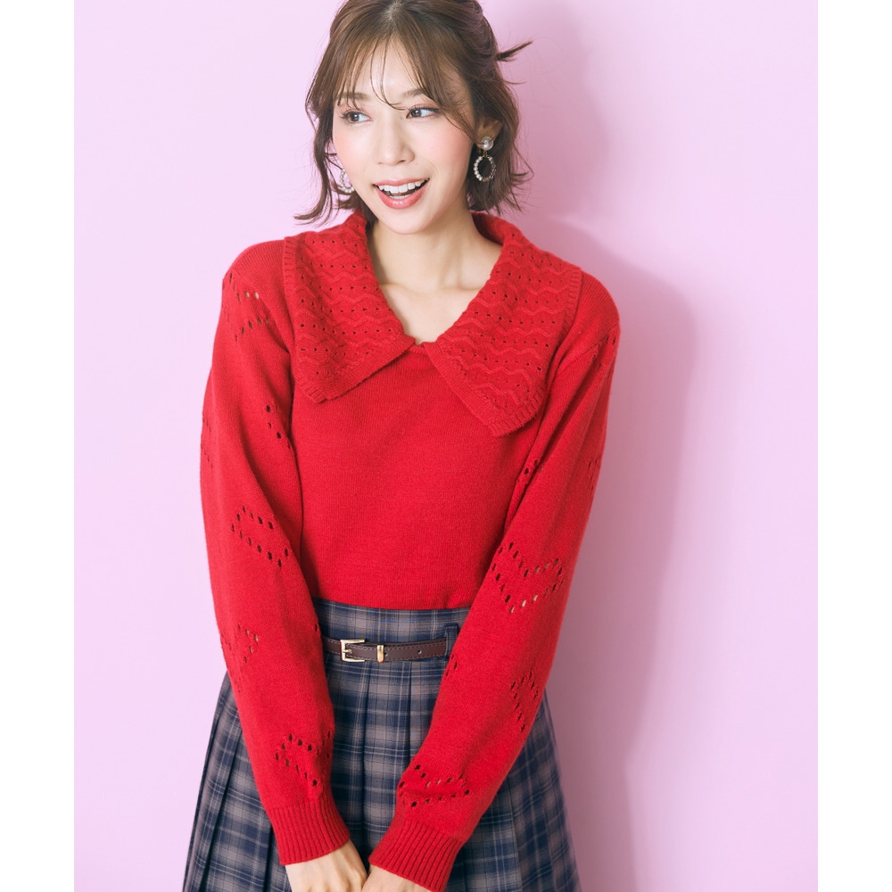 袖ハート柄編ビッグカラーニットトップス 大きいサイズ marun23