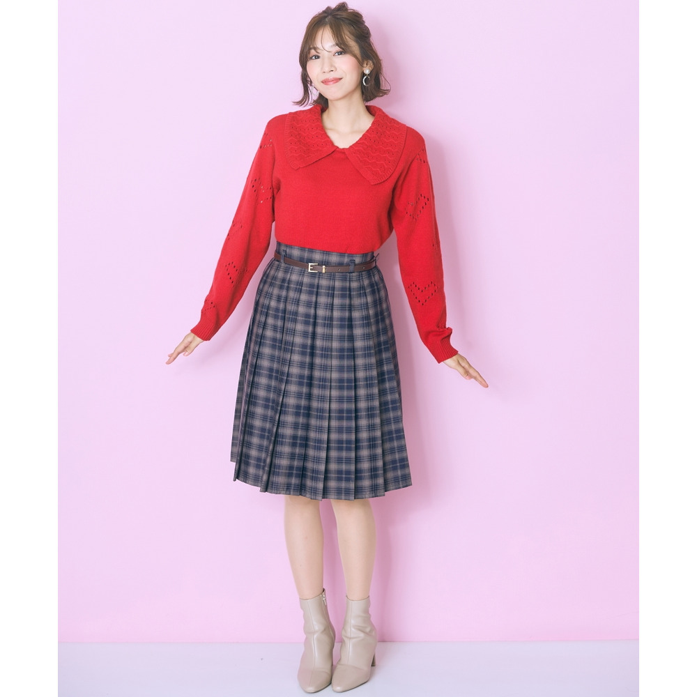 袖ハート柄編ビッグカラーニットトップス 大きいサイズ marun24