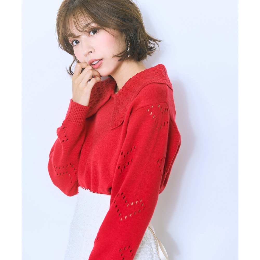 袖ハート柄編ビッグカラーニットトップス 大きいサイズ marun3