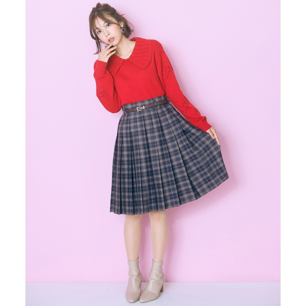 袖ハート柄編ビッグカラーニットトップス 大きいサイズ marun4