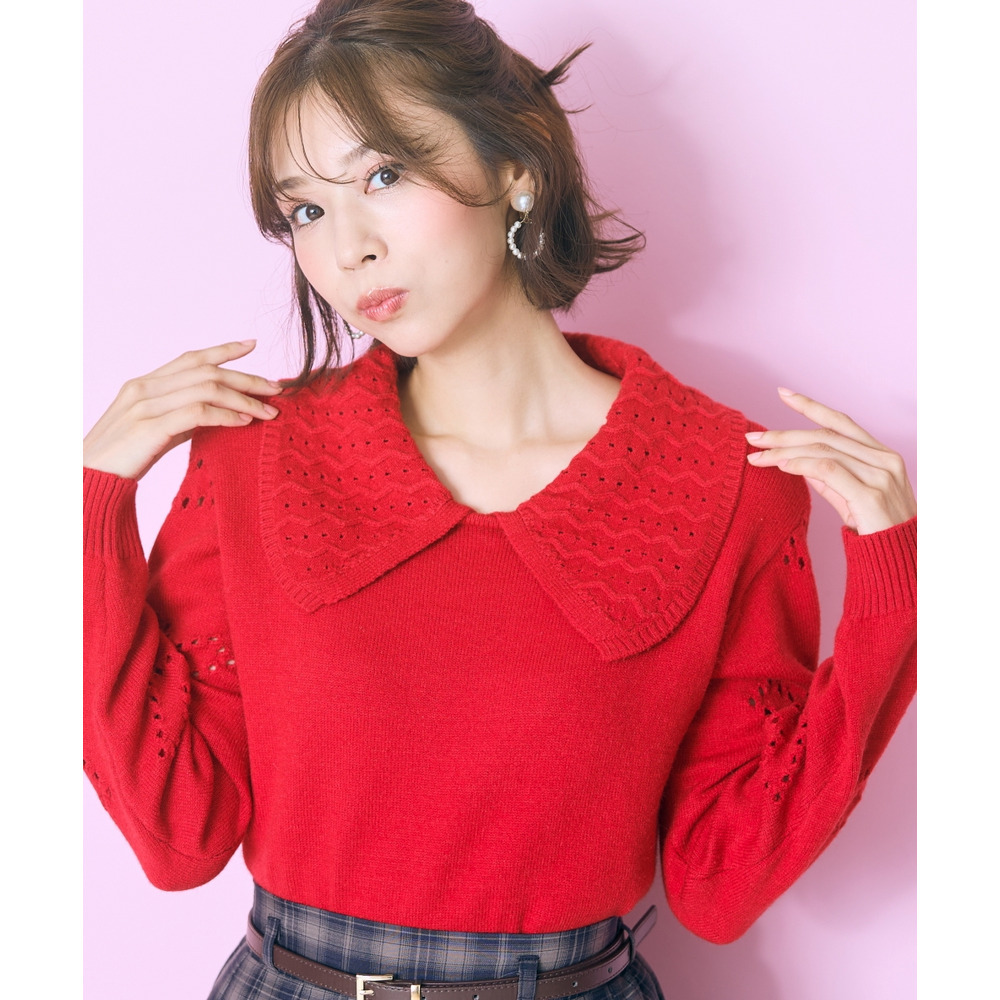 袖ハート柄編ビッグカラーニットトップス 大きいサイズ marun5