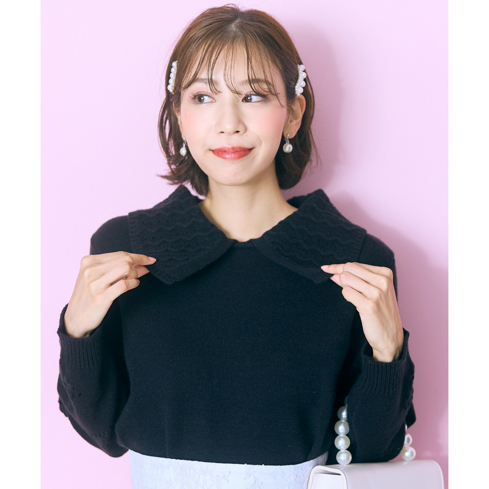 袖ハート柄編ビッグカラーニットトップス 大きいサイズ marun7