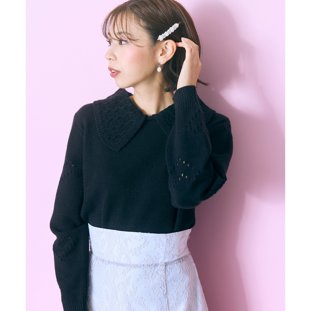 袖ハート柄編ビッグカラーニットトップス 大きいサイズ marun1