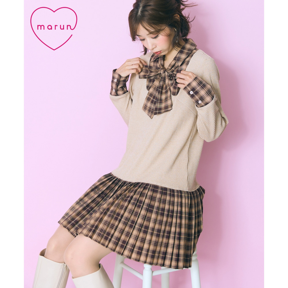 シャツドッキングワンピース(リボンタイ2本付) 大きいサイズ marun1