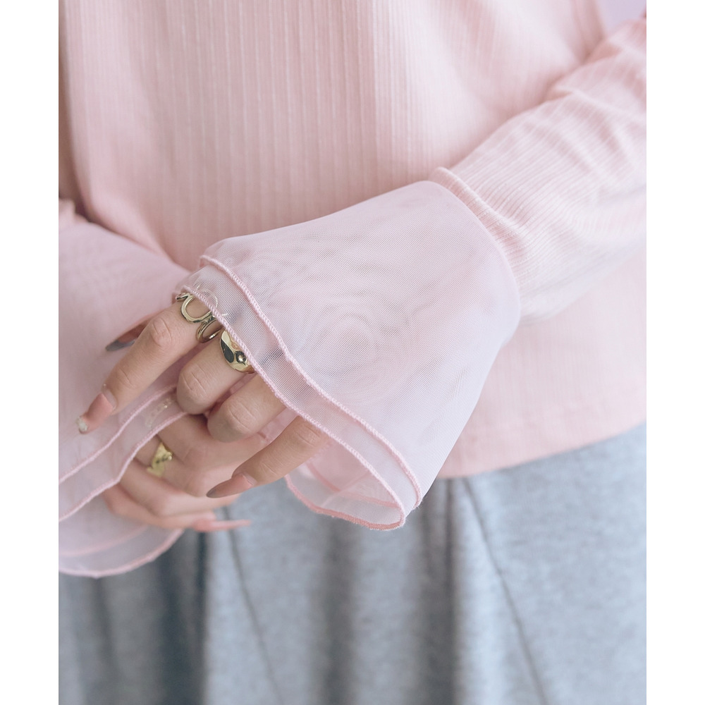 袖口オーガンジー使いデザイントップス 大きいサイズ marun14