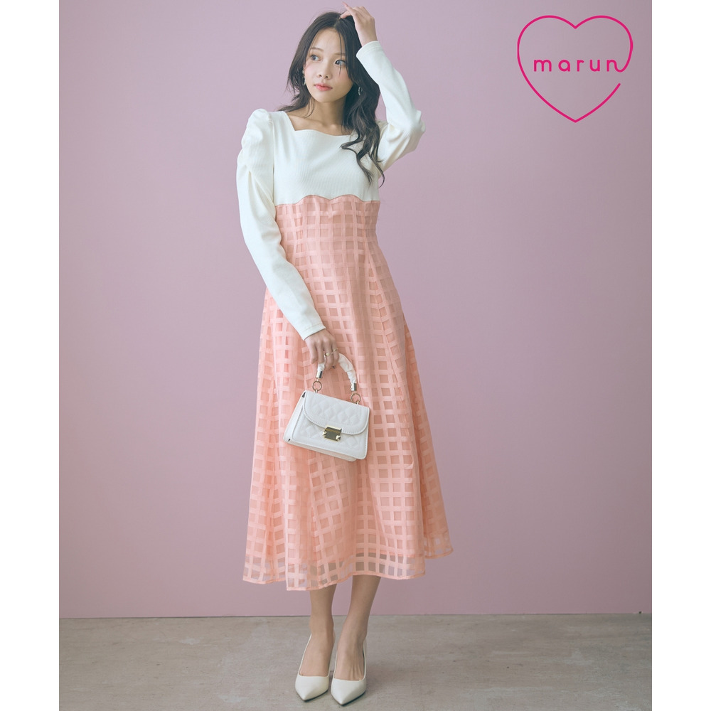 ハイウエストシアーチェックドッキングワンピース　大きいサイズ　marun