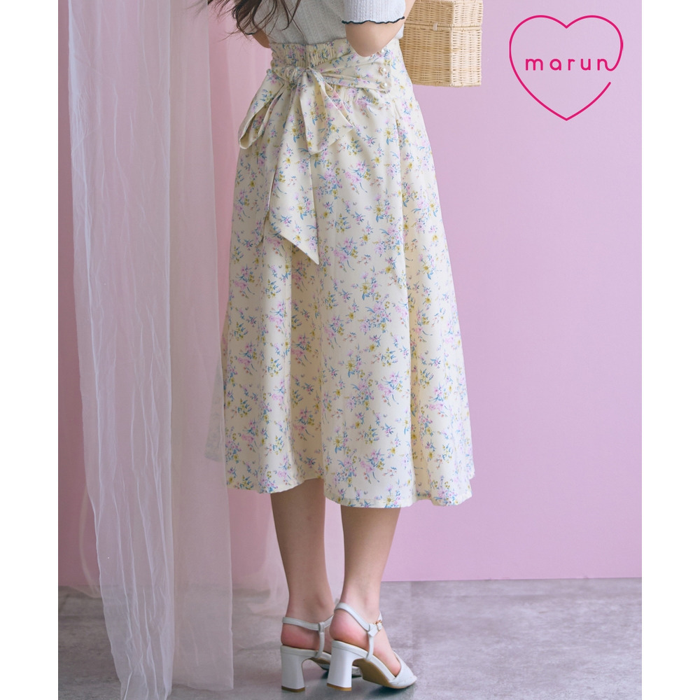 リボン使いフラワープリントフレアスカート 大きいサイズ　 marun