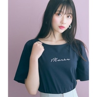 パール調パーツ付ロゴ刺しゅうTシャツ 大きいサイズ　marun
