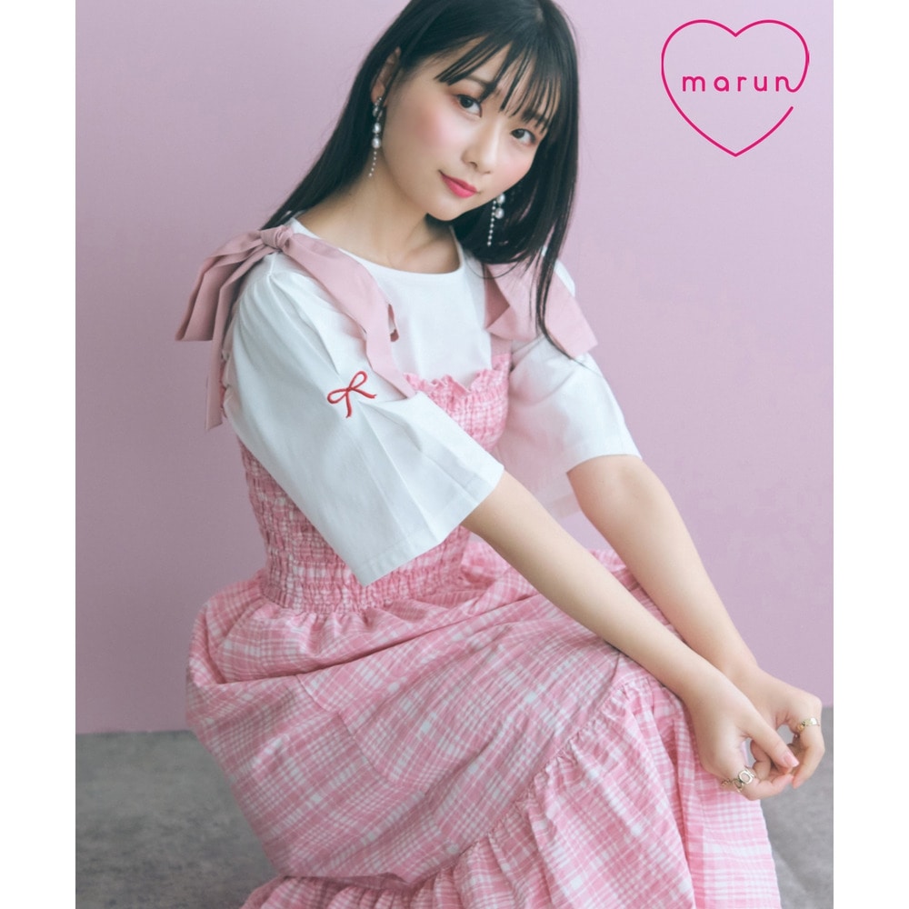 チェック柄ショルダーリボンワンピース 大きいサイズ　marun