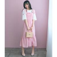 チェック柄ショルダーリボンワンピース 大きいサイズ　marun