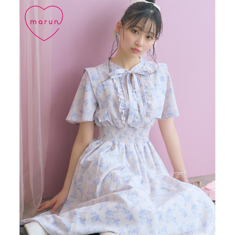 リボン付花柄フリルワンピース　大きいサイズ　marun