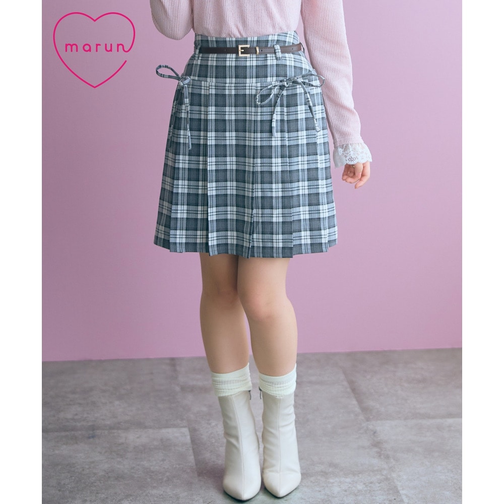 チェック柄プリーツショート丈スカート(ベルト付)　大きいサイズ　marun
