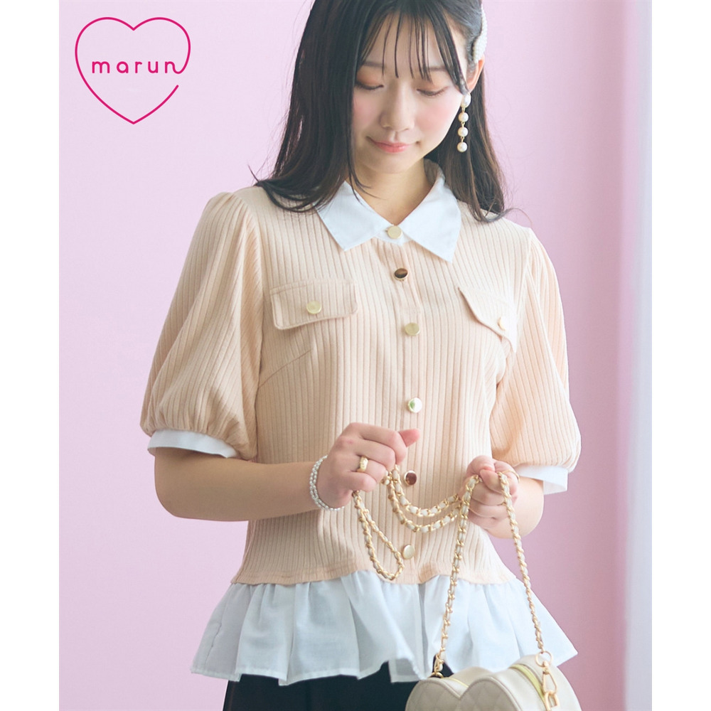 衿付ショートカーディガン風トップス　大きいサイズ　marun
